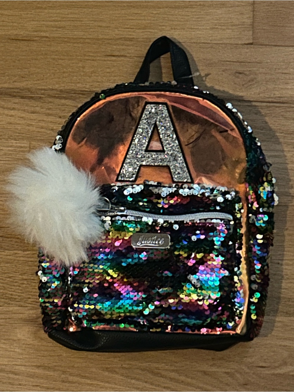 Justice Letter A Sparkle Sequin Kids Mini Backpack Faux Fur Pom Rainbow